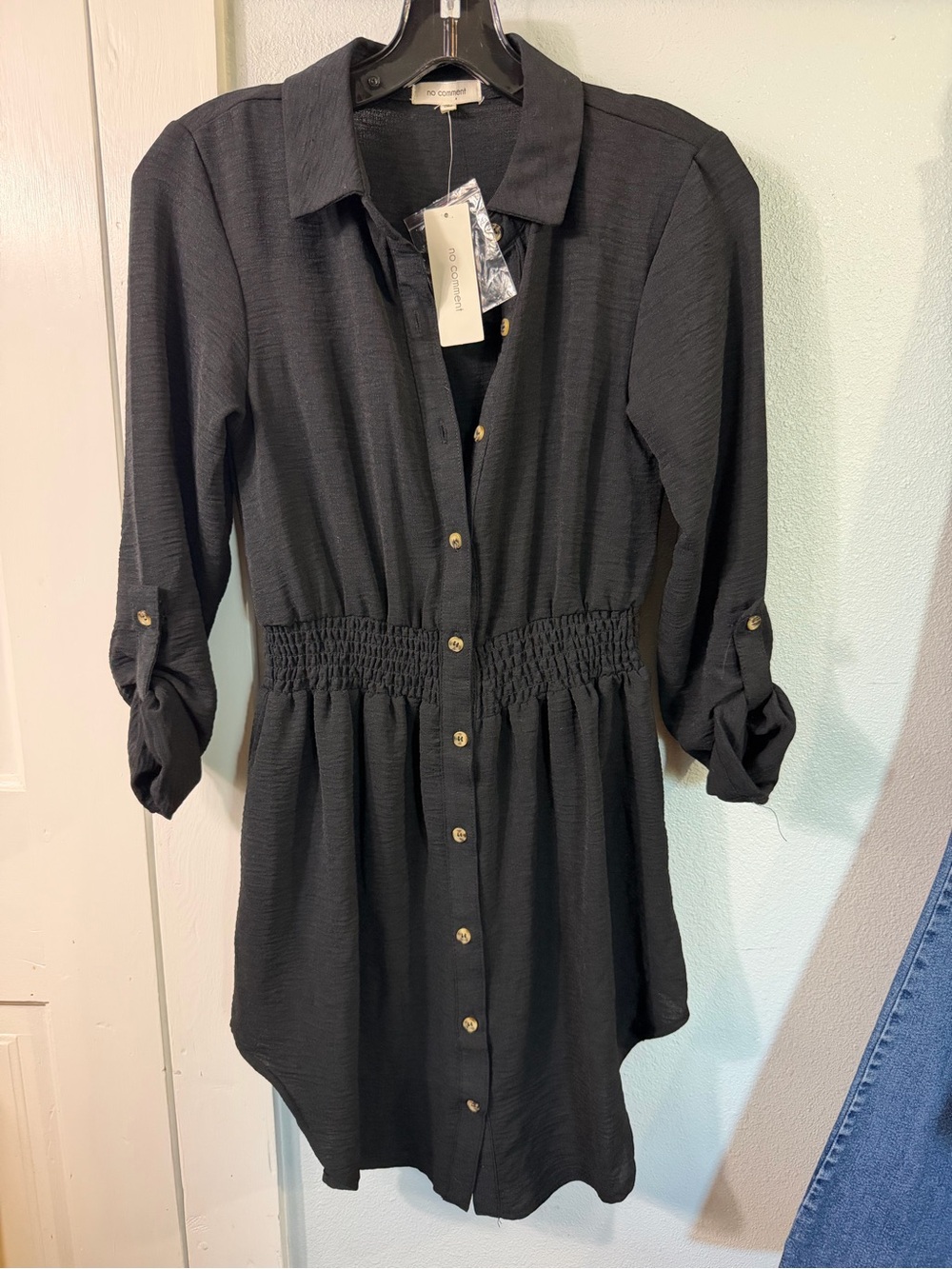 No Comment Black Long-Sleeve Smocked-Waist Button Front Dress
